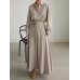 Solid Belt Long Sleeve Loose Button Down Shirt Dress