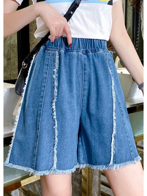 Modern Blue Elastic Waist Patchwork Tassel Cotton Denim Hot Pants Summer