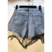 Modern Denim Blue Button Diamonds Tassel Cotton Shorts