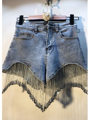 Modern Denim Blue Button Diamonds Tassel Cotton Shorts