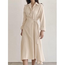 Solid Buckle Irregular Lapel Long Sleeve Button Down Shirt Dress