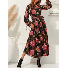 Cottagecore Flower Print Sash Lettuce  Edge Long Sleeve Maxi Dress