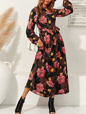 Cottagecore Flower Print Sash Lettuce  Edge Long Sleeve Maxi Dress