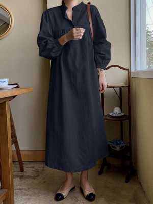 Solid Button Puff Long Sleeve Loose Casual Shirt Dress