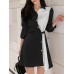 Contrast Color Irregular Button Lapel 3 4 Sleeve Shirt Dress