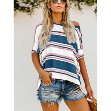 Stripe Contrast Color Oblique Collar Irregular Hem Blouse