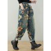 French Navy elastic waist drawstring pockets Print Denim Pants Spring