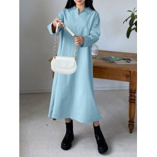 Solid Long Sleeve Lapel Casual Shirt Dress For Women