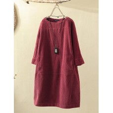 Corduroy Solid Long Sleeve Pocket Crew Neck Casual Dress