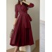 Solid Pleated Tie Long Sleeve Lapel A  line Shirt Dress