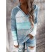 Women Autumn Stripe Print V  neck Hooded Daily Casual Knitted Sweater