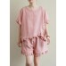 Loose linen suit female lace irregular round neck short sleeve T-shirt shorts two-piece suit