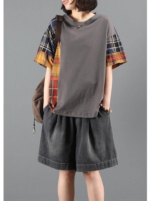 Denim shorts suit women summer loose gray plaid stitching two-piece suit