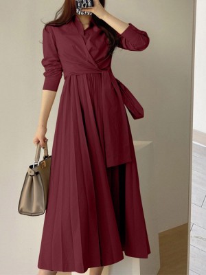Solid Pleated Tie Long Sleeve Lapel A  line Shirt Dress