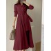 Solid Pleated Tie Long Sleeve Lapel A  line Shirt Dress