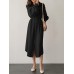 Solid Belt Long Sleeve Lapel Button Down Shirt Dress