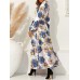 Cottagecore Flower Print Sash Lettuce  Edge Long Sleeve Maxi Dress