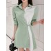 Contrast Color Irregular Button Lapel 3 4 Sleeve Shirt Dress