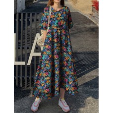 Cottagecore Calico Pocket Puff Sleeve Casual Maxi Dress