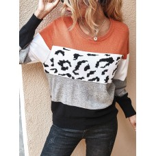 Women Color Block   Leopard Round Neck Long Sleeve Casual Sweaters