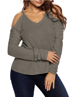 Women V Neck Pullover Cold Shoulder Long Sleeve Sweaters For Women