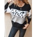 Women Color Block   Leopard Round Neck Long Sleeve Casual Sweaters